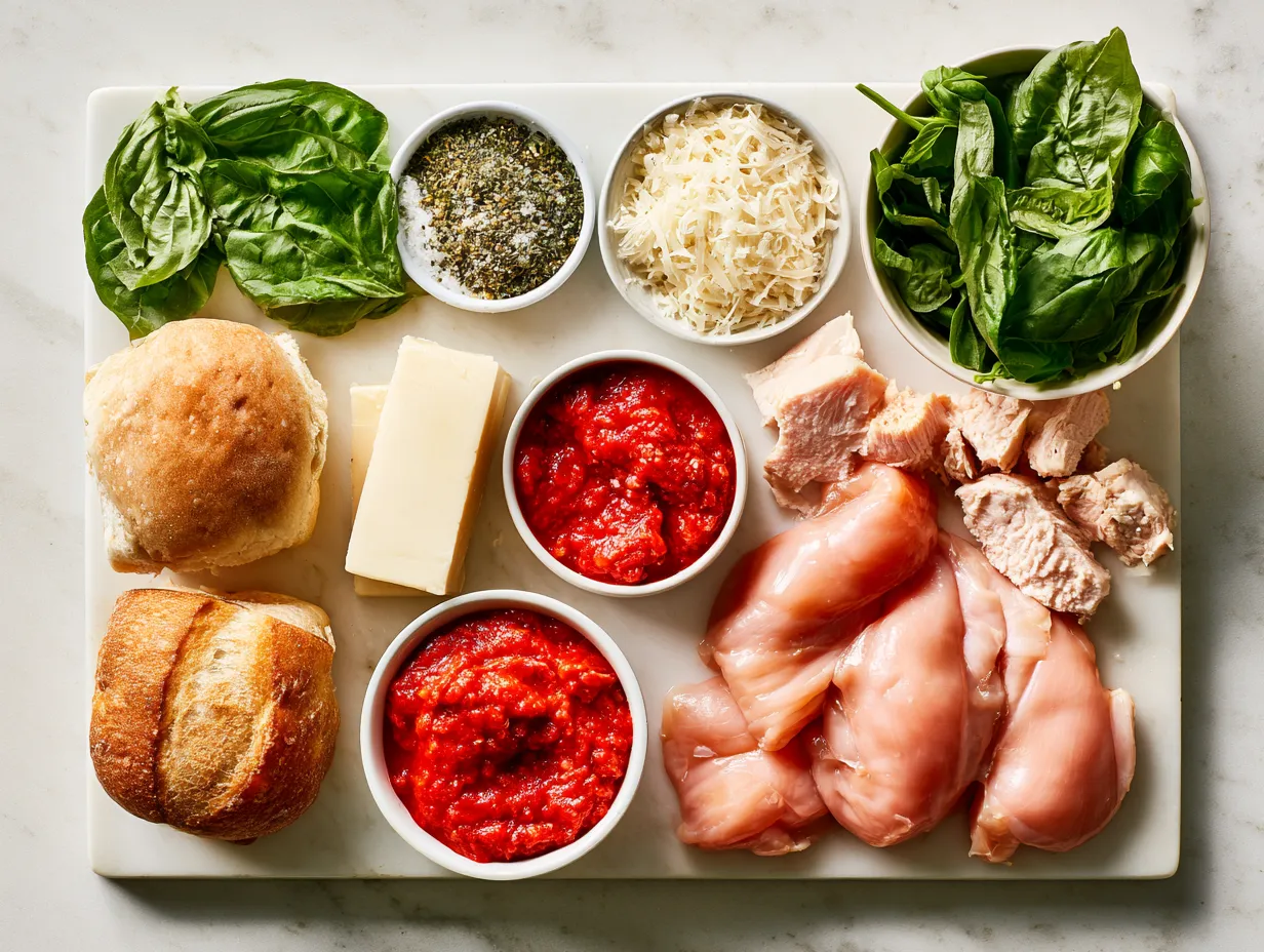 Ingredients for Chicken Parm Sliders laid out including chicken breasts, breadcrumbs, parmesan cheese, marinara sauce, mozzarella cheese, slider buns, and seasonings