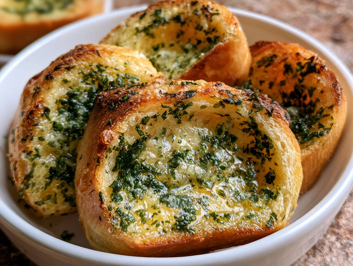 Classic Butter Parsley Garlic Bread served on a wooden board garnished with fresh parsley