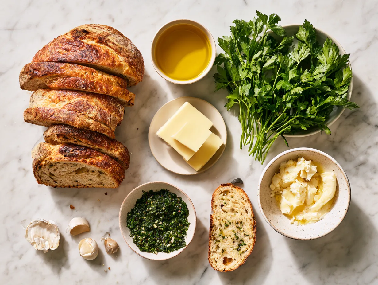 Ingredients for Classic Butter Parsley Garlic Bread including butter, garlic, parsley, and crusty bread