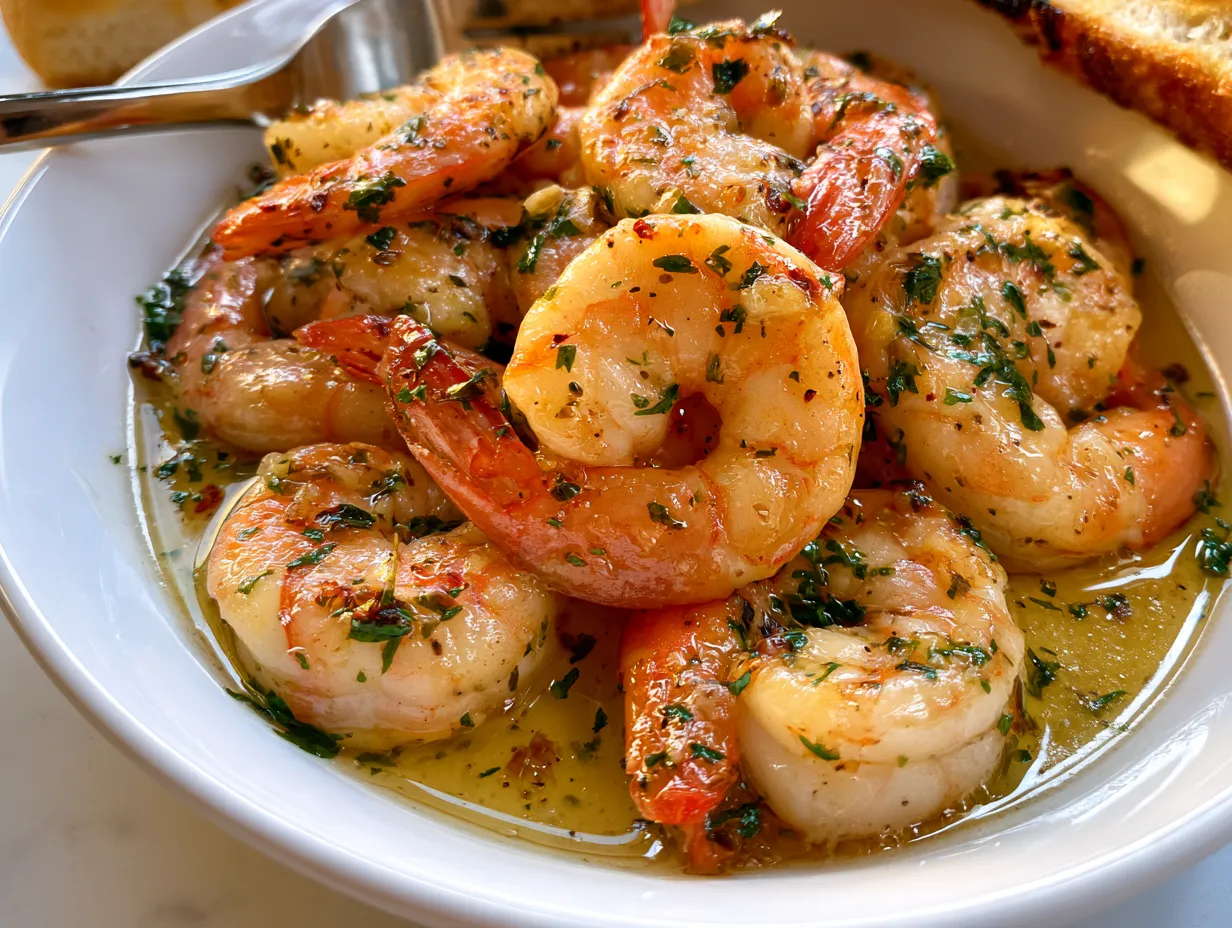 Served Classic Garlic Butter Shrimp Scampi over pasta