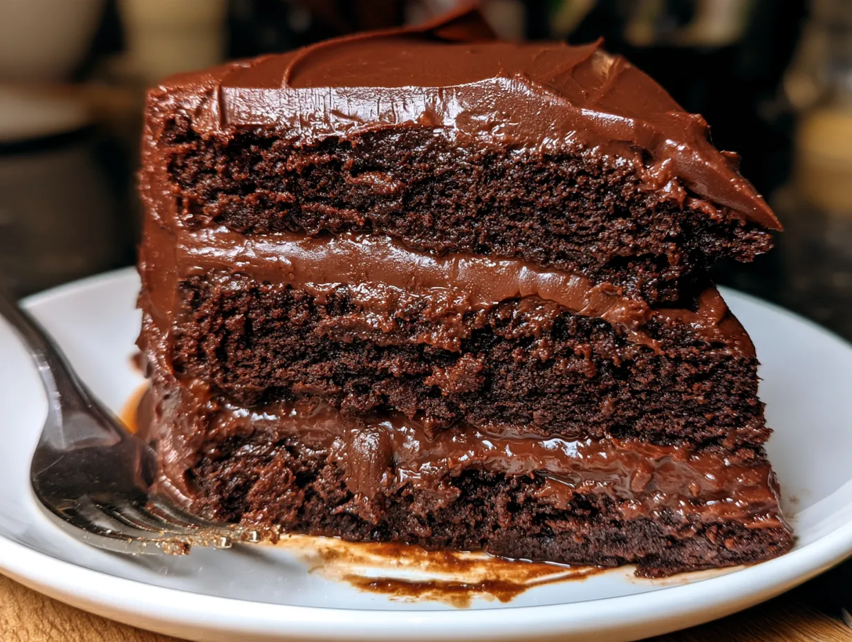 Classic Layer Chocolate Cake served on a white plate with fresh decoration