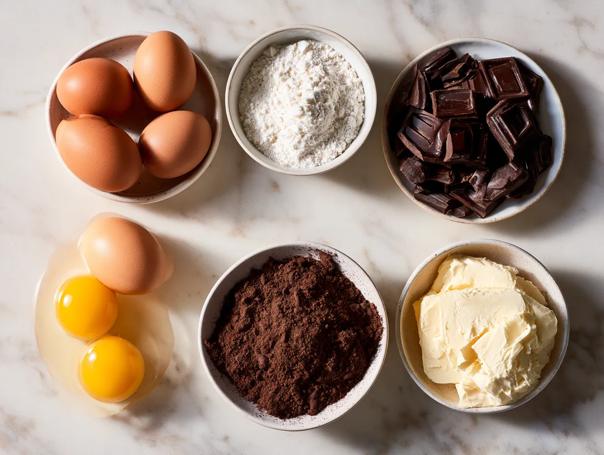 Ingredients for Classic Layer Chocolate Cake on a wooden table