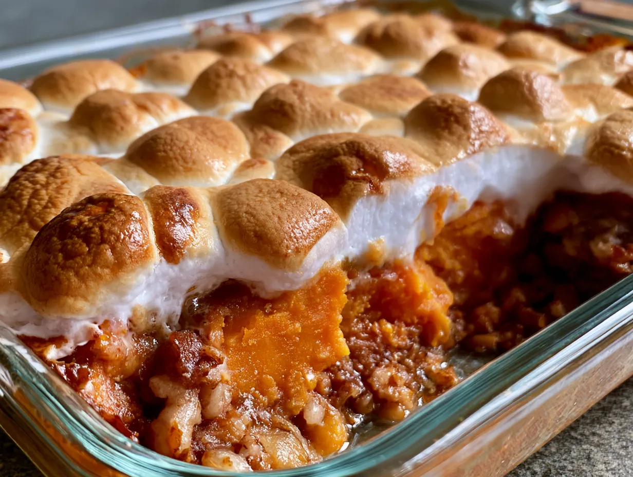 Served Classic Marshmallow Topped Sweet Potato Casserole