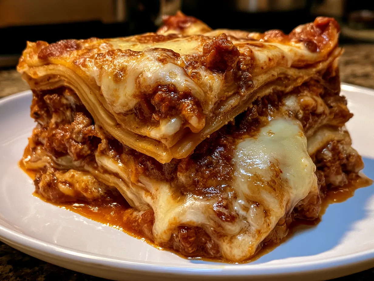 Classic Meat Sauce Lasagna served on a warm plate with garnish
