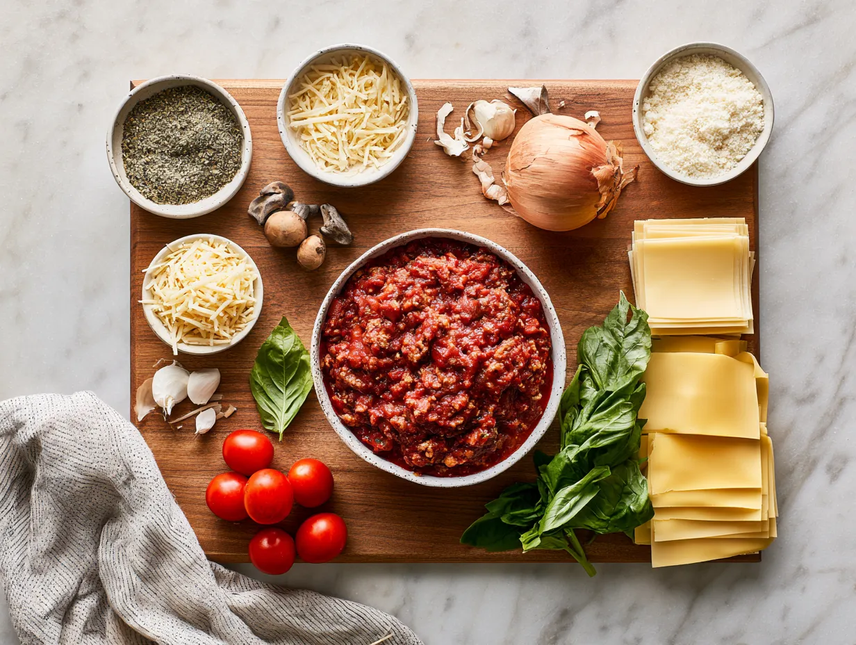Ingredients for Classic Meat Sauce Lasagna including ground beef, ricotta, mozzarella, tomatoes, and herbs
