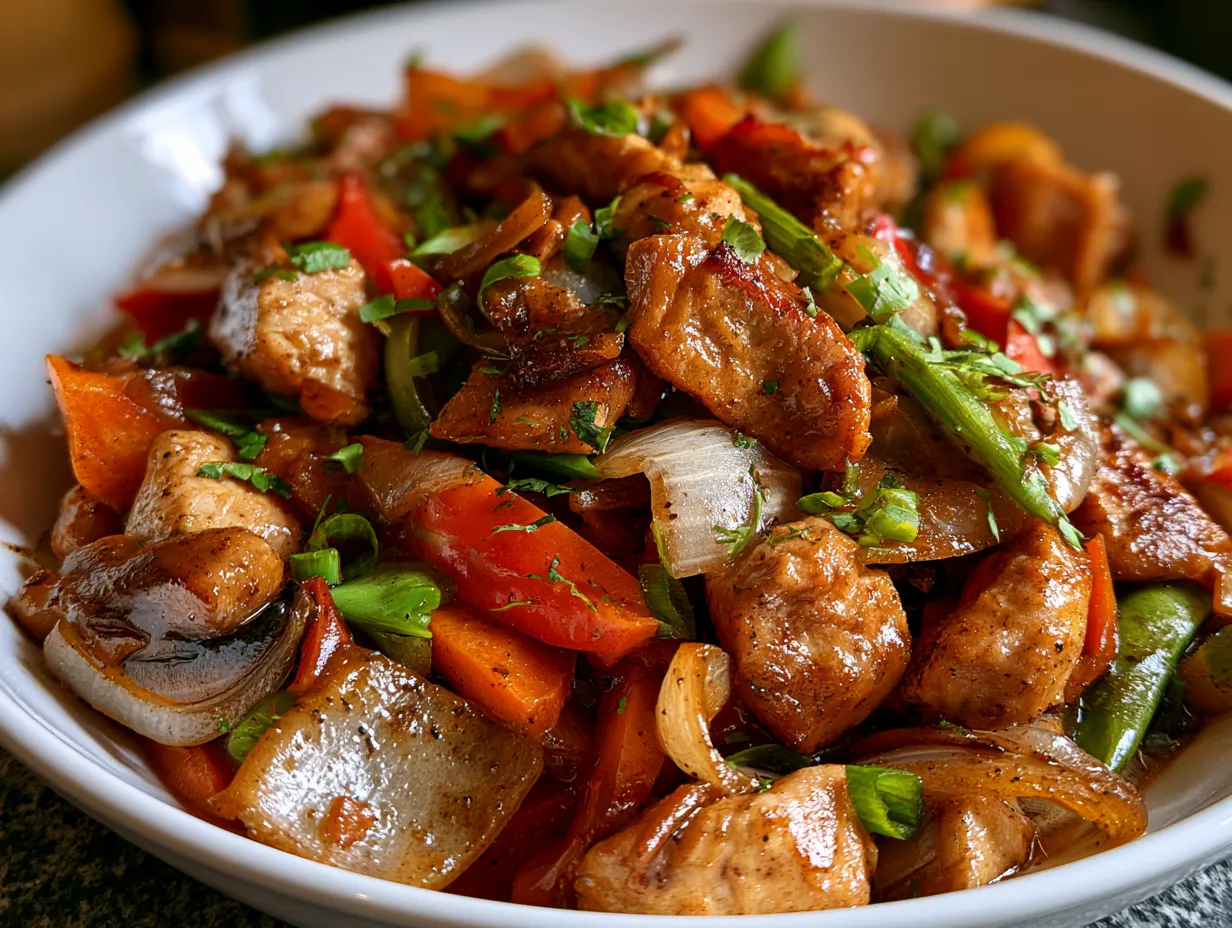 Serving presentation of Classic Mixed Veggie Chicken Stir Fry garnished with green onions and sesame seeds