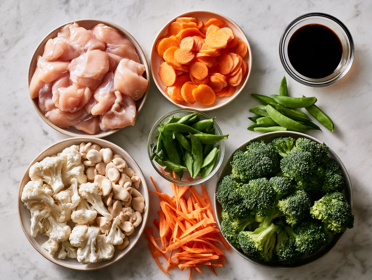 Ingredients for Classic Mixed Veggie Chicken Stir Fry including chicken breast, broccoli, bell peppers, carrots, snap peas, and seasonings
