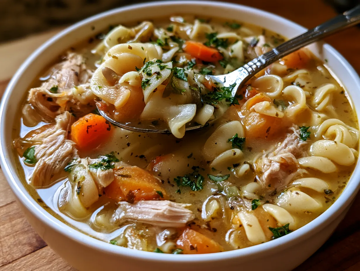 Serving Classic Noodle Leftover Turkey Soup in bowls