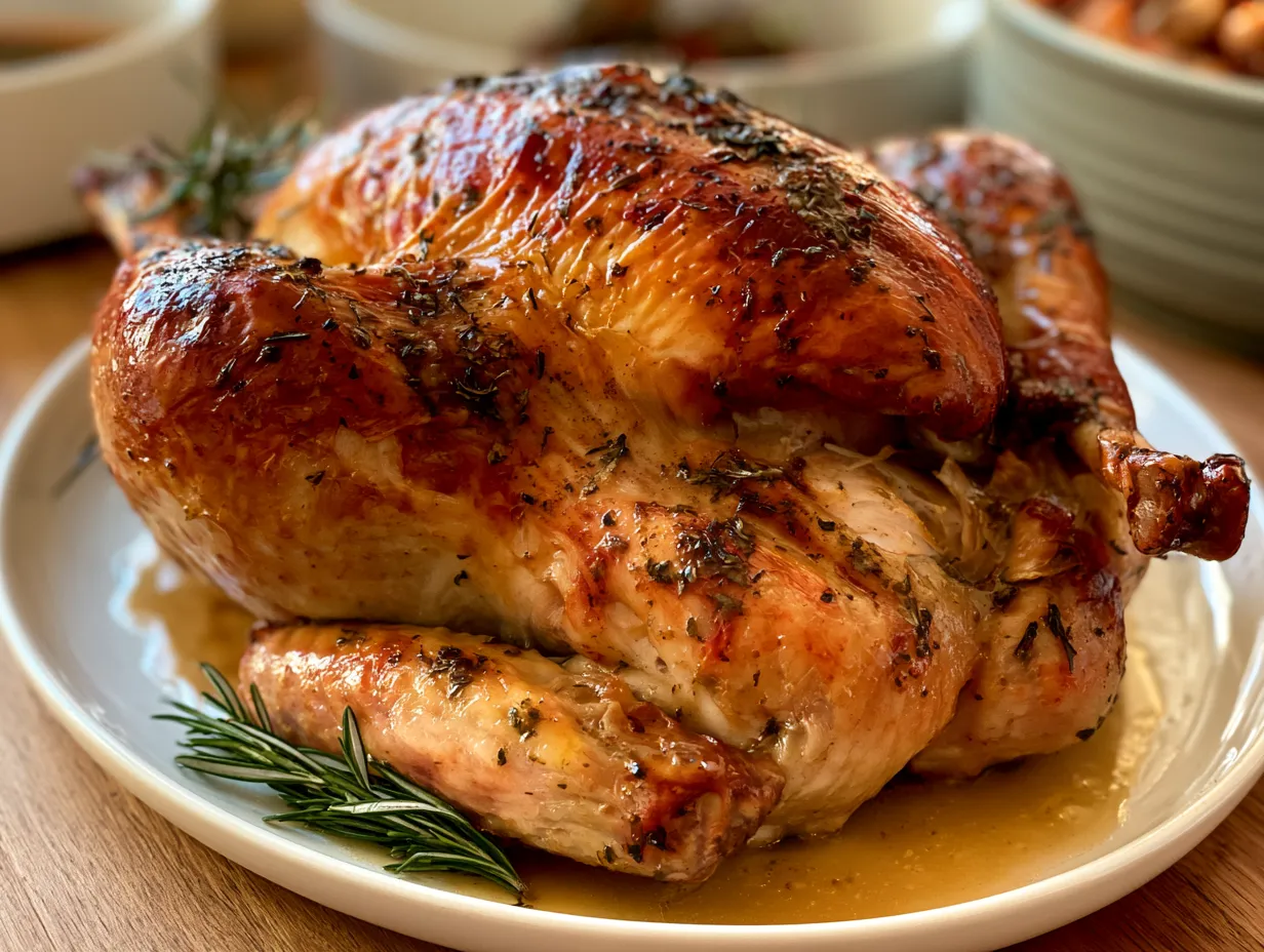 Serving platter with Classic Wet Brine Turkey garnished with herbs and citrus