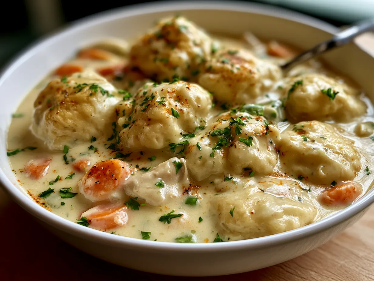 Creamy Heavy Cream Base Chicken and Dumplings served in a bowl with garnish