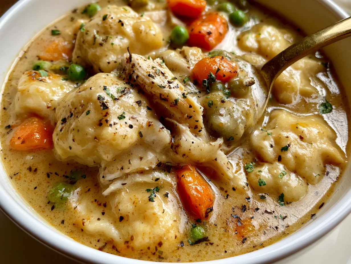 Serving Crockpot Chicken and Dumplings hot from the slow cooker