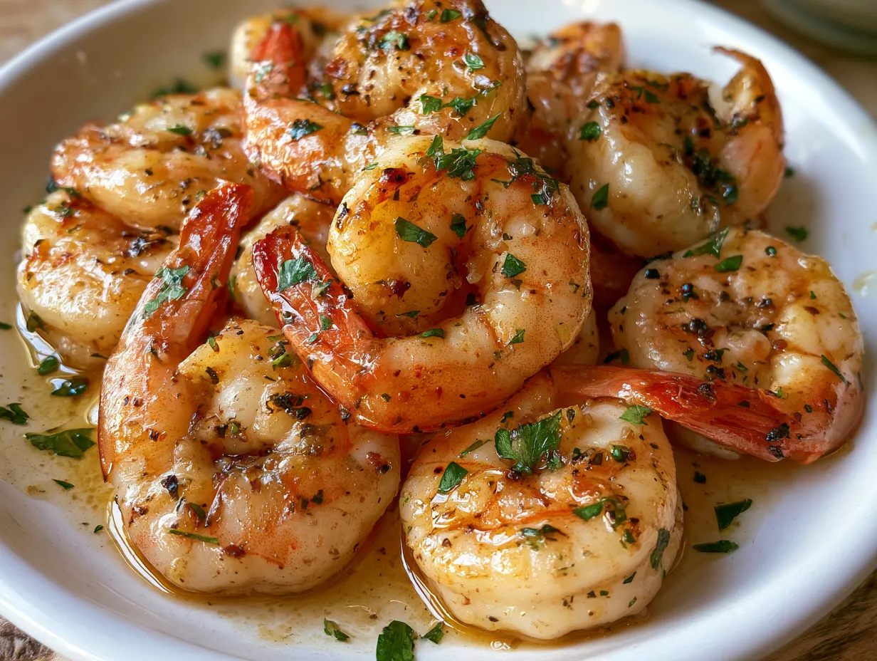 Serving dairy-free olive oil base shrimp scampi garnished with fresh parsley and lemon wedges