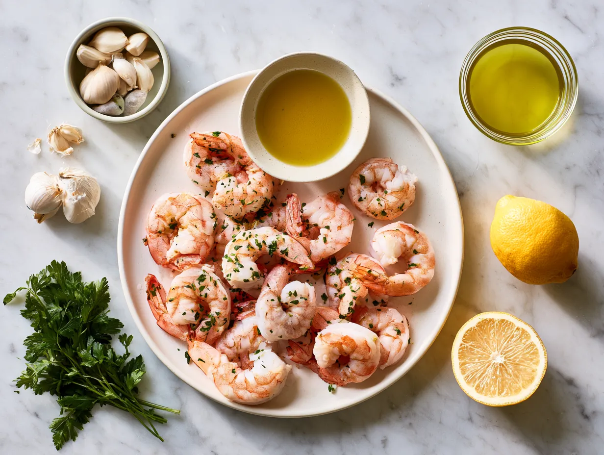 Ingredients for dairy-free olive oil base shrimp scampi laid out on a kitchen counter