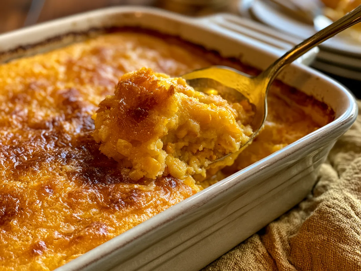 Delicious gluten-free corn casserole served at the table