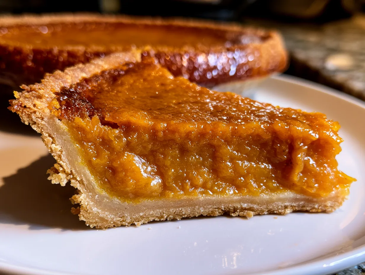 Serving gluten-free pumpkin pie with whipped coconut cream and toasted pecans