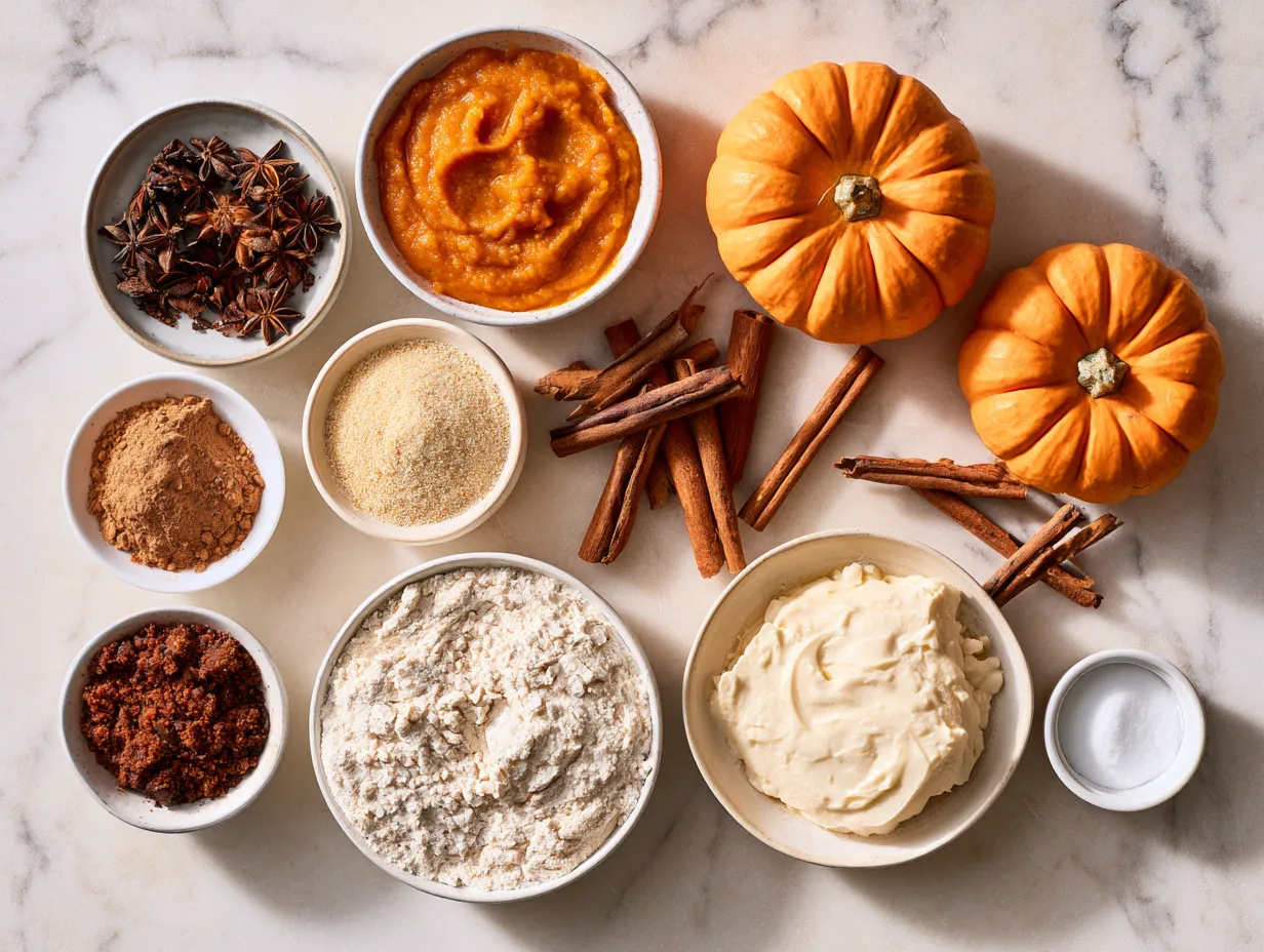 Ingredients for gluten-free pumpkin pie including pumpkin puree and spices