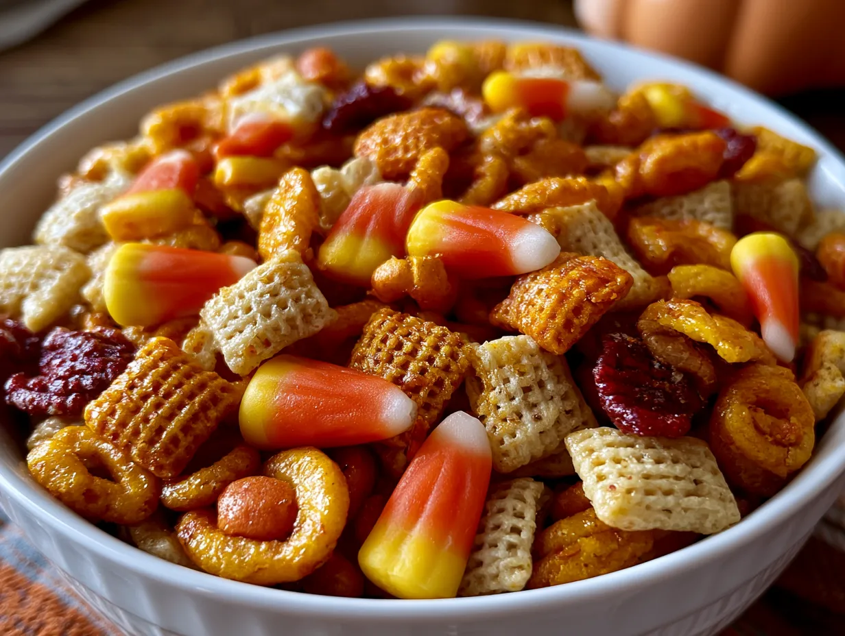 Served Halloween Chex Mix in a bowl ready for parties and sharing