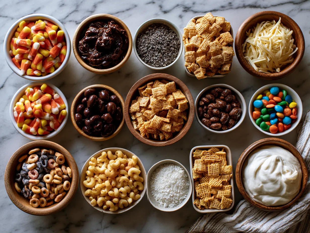 Ingredients for Halloween Chex Mix including cereals, pretzels, brown sugar, and candy