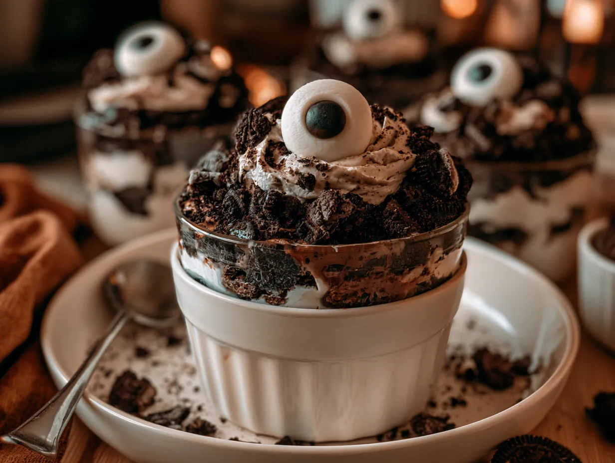 Halloween Dirt Cups served in clear cups with gummy worms and cookie crumbs as dirt