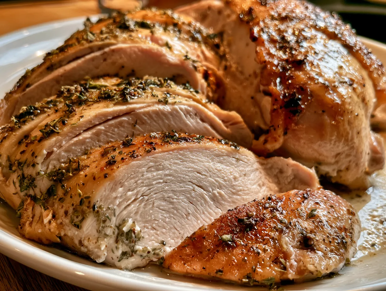 Carved Herb Butter Turkey served with roasted vegetables