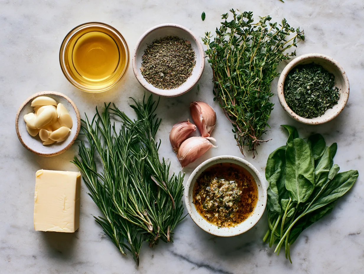 Ingredients for Herb Butter Turkey Rub arranged in bowls
