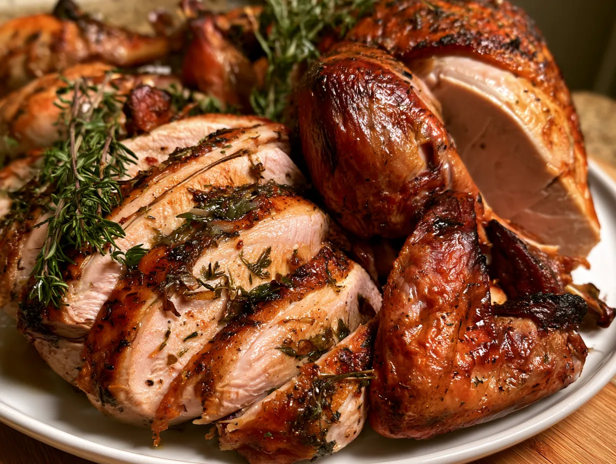 Sliced Herb-Roasted Under Skin Turkey served on a platter with fresh herbs and lemon wedges