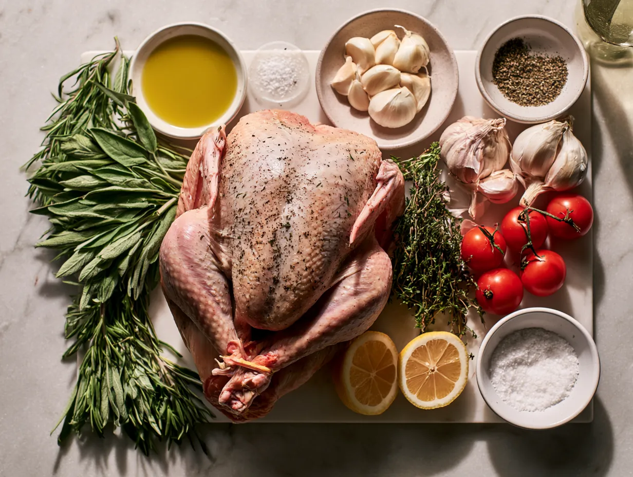 Ingredients laid out for Herb-Roasted Under Skin Turkey including fresh herbs, butter, garlic, and lemon zest