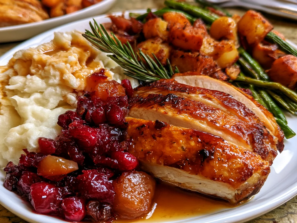 Presentation of individual Thanksgiving Dinner Plates with turkey, sides, and rolls