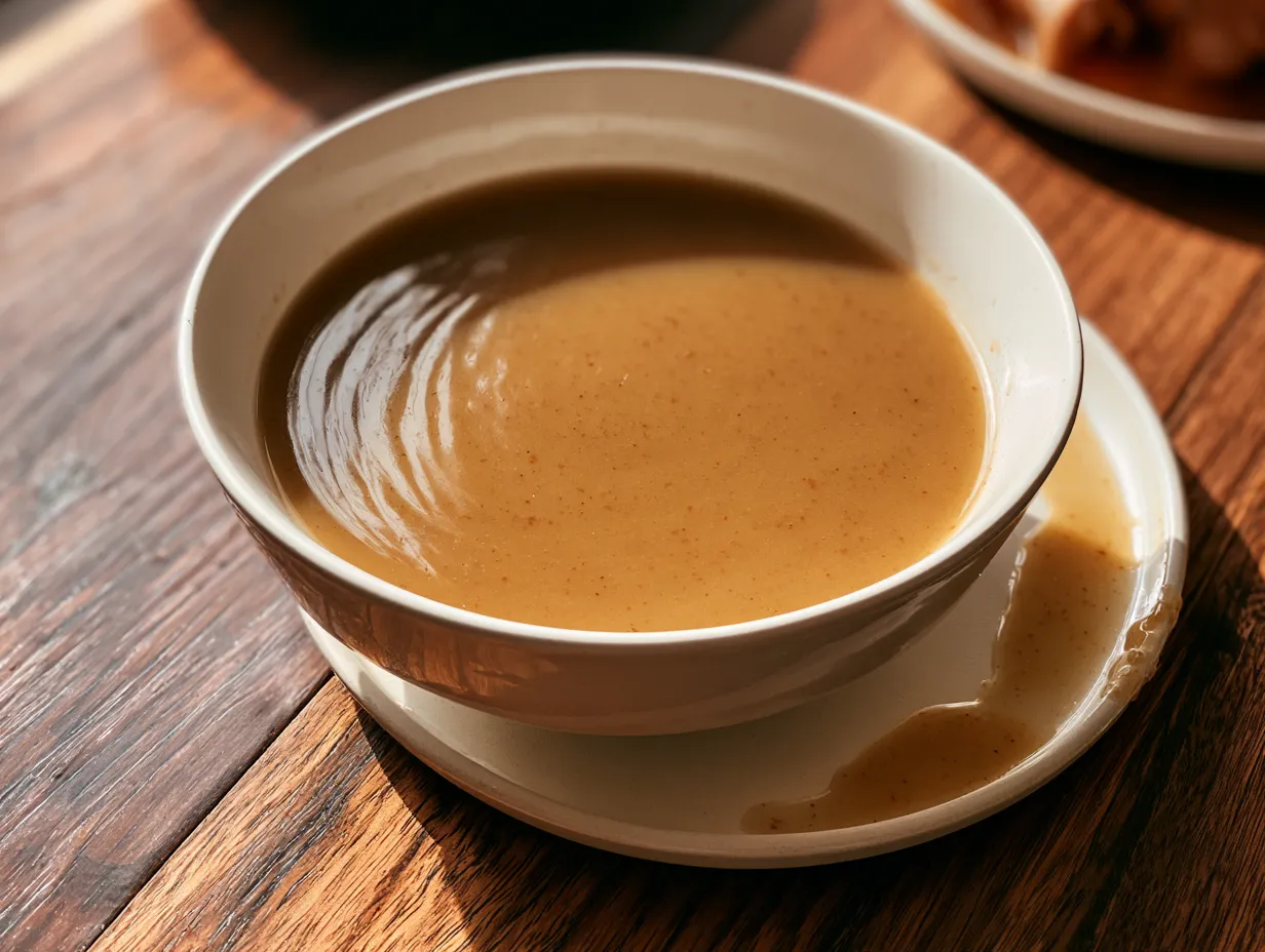 Make-Ahead Turkey Gravy served on mashed potatoes and vegetables