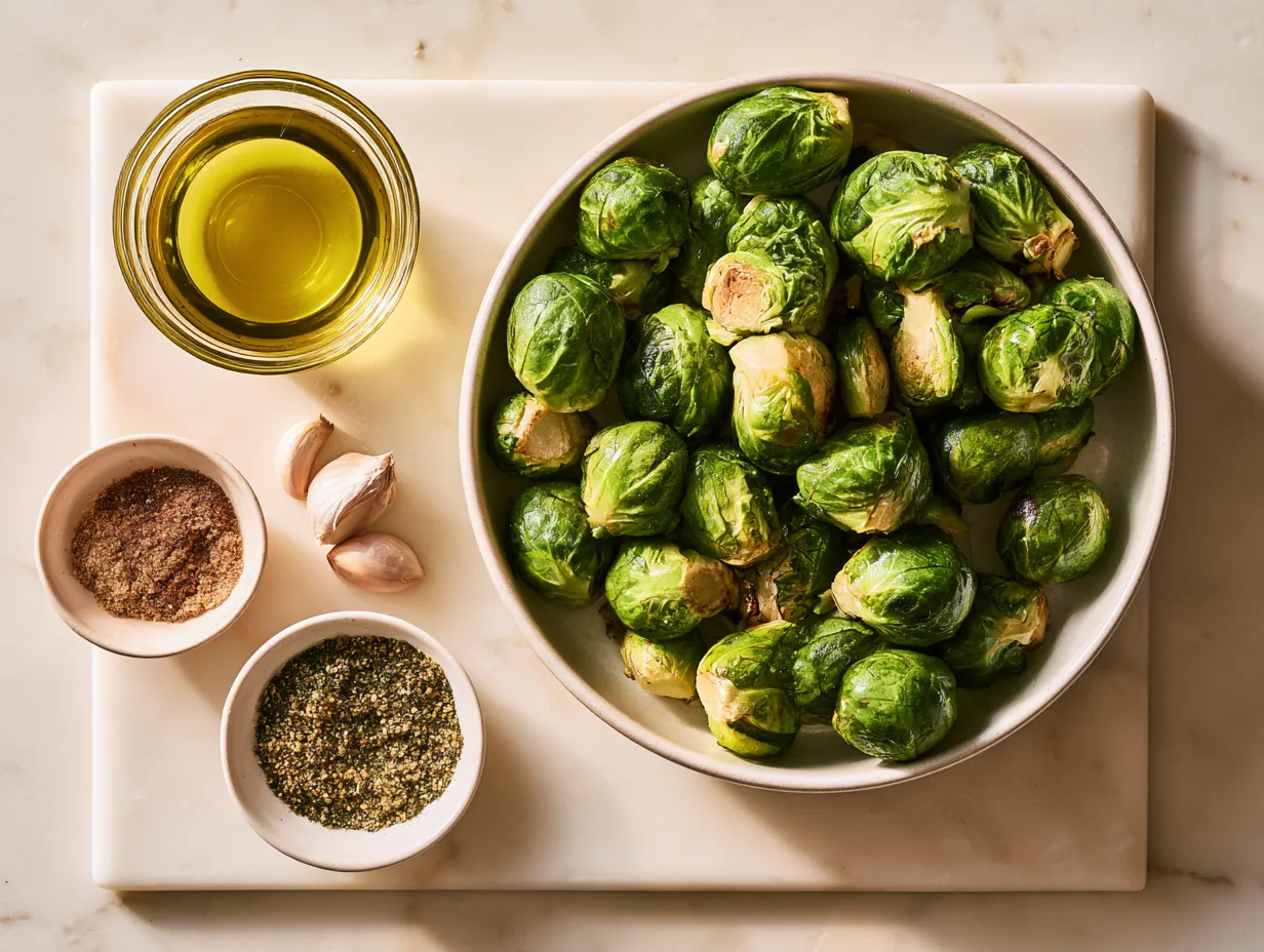 Maple Roasted Brussels Sprouts ingredients including Brussels sprouts, olive oil, maple syrup, and seasonings