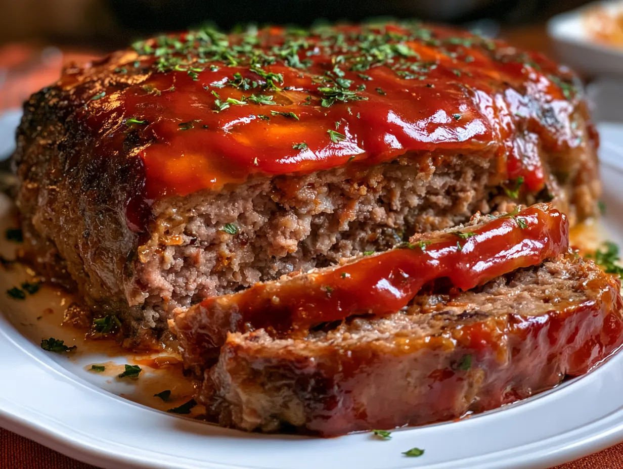 Sliced meatloaf served on plate with sides