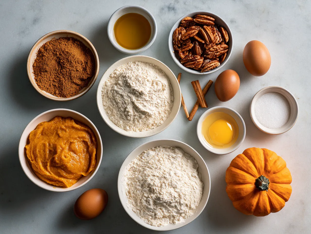 Ingredients for Mini Pumpkin Rolls including pumpkin puree, sugar, eggs, flour, spices, cream cheese, butter, and powdered sugar