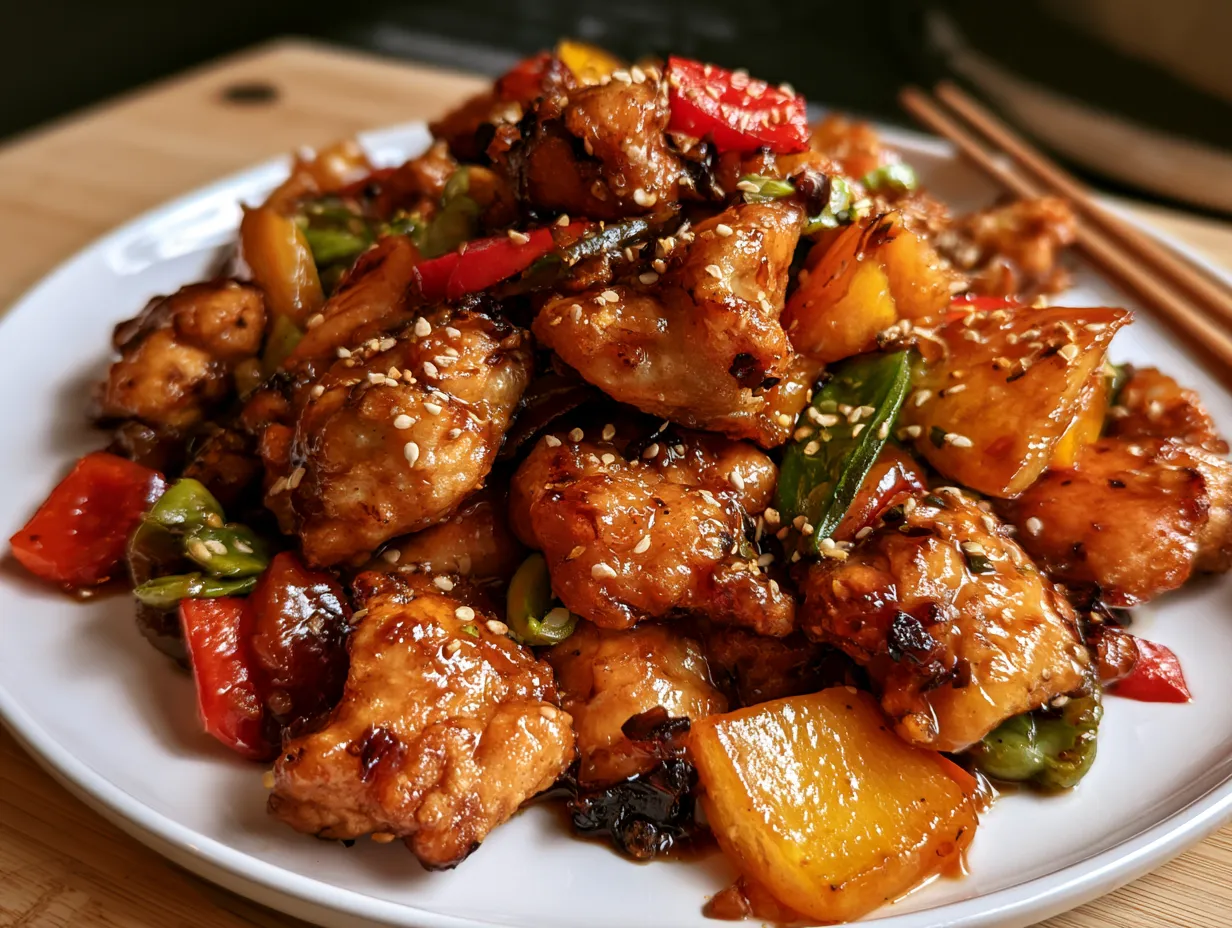 Orange Chicken Style Stir Fry served with rice and garnished with green onions and sesame seeds