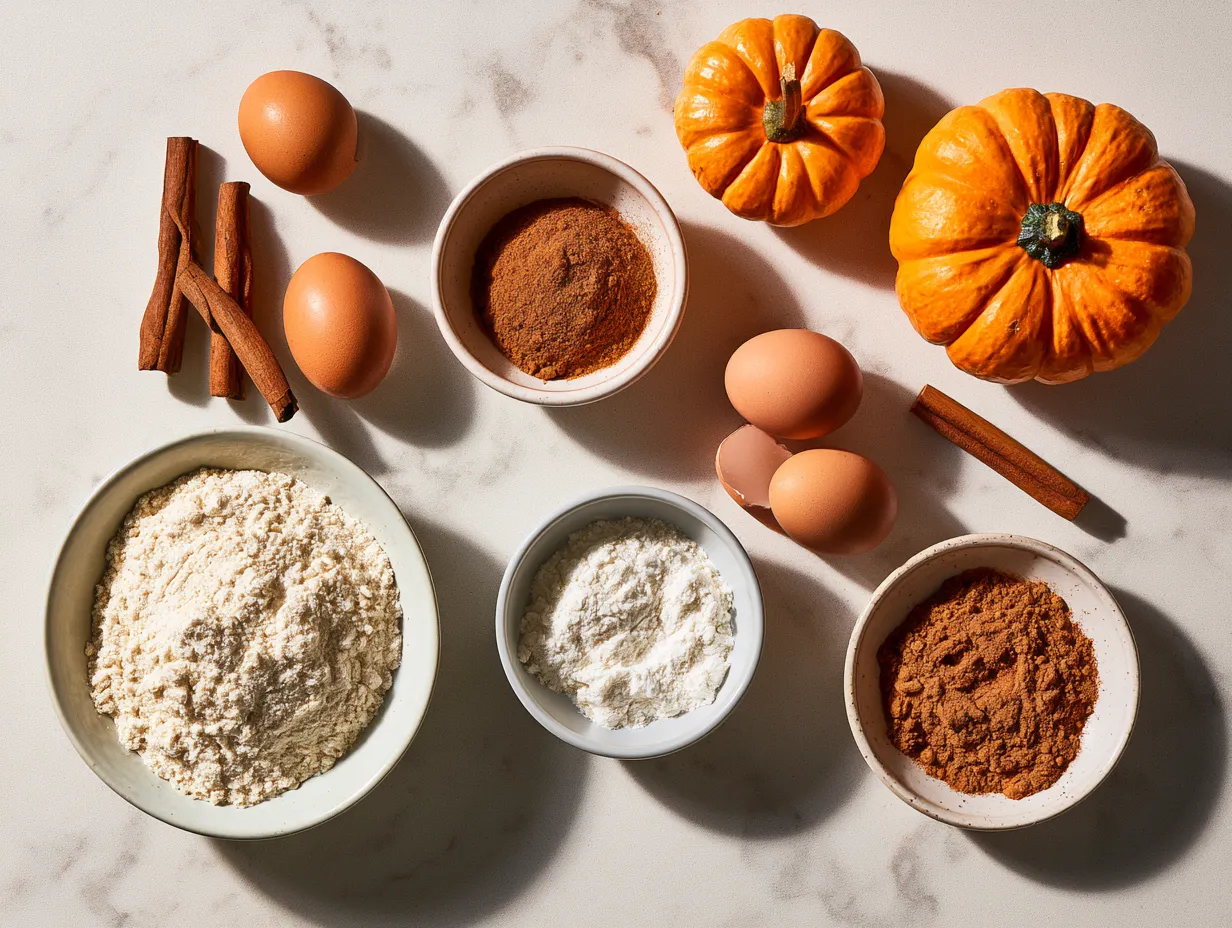 Ingredients for pumpkin pie including pumpkin puree, spices, eggs, sugar, and pie crust