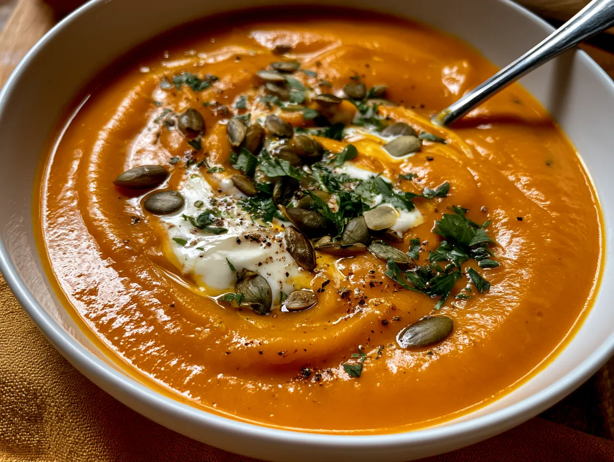 Creamy pumpkin soup served in rustic bowls with toasted pumpkin seeds and herbs