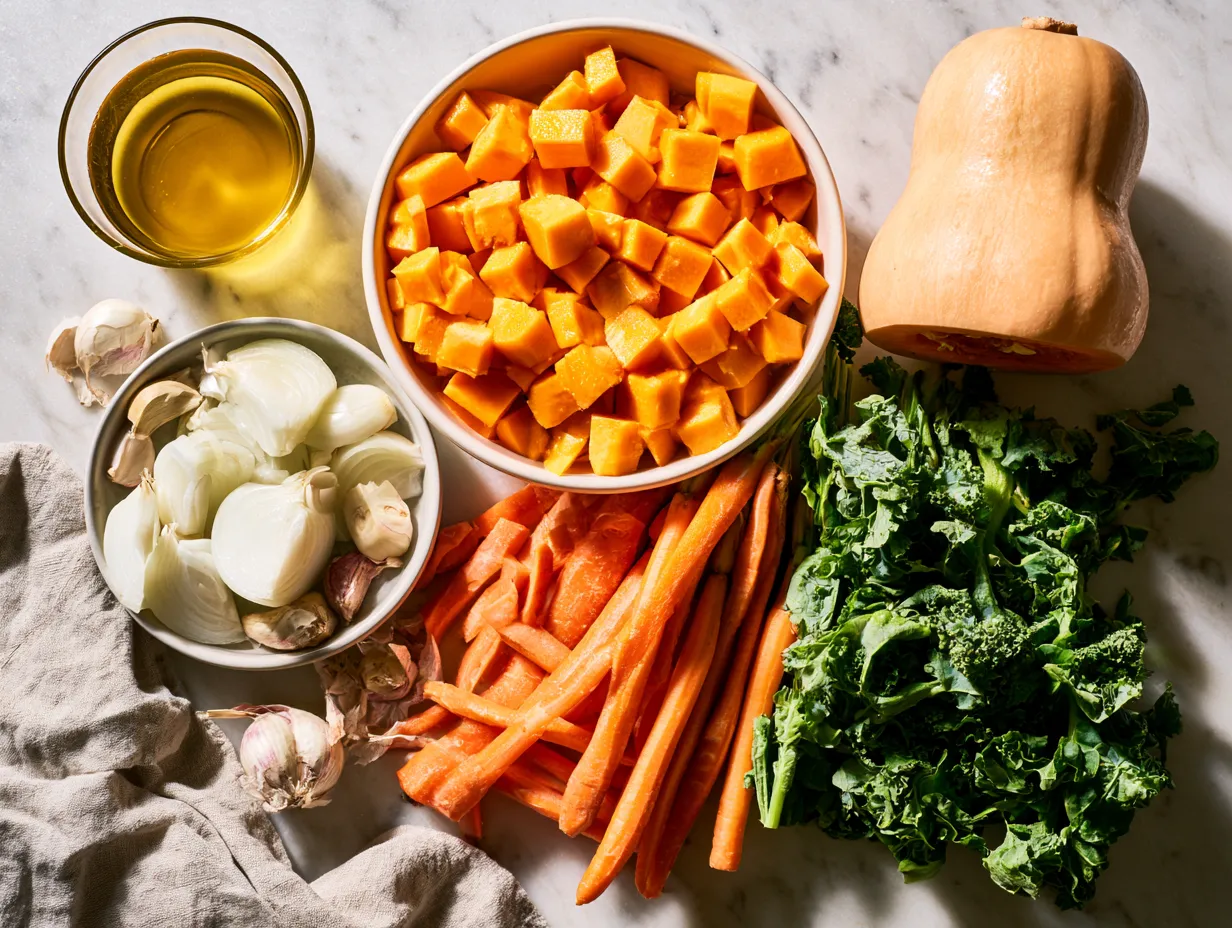 Ingredients for pumpkin soup laid out on a rustic wooden table