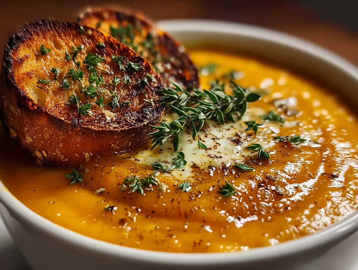 Serving presentation of Roasted Butternut Squash Soup