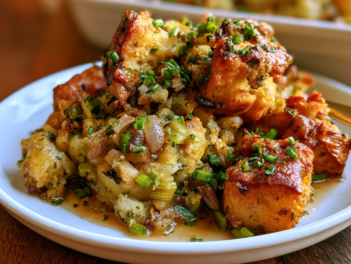 A serving of golden sage stuffing garnished with fresh sage leaves