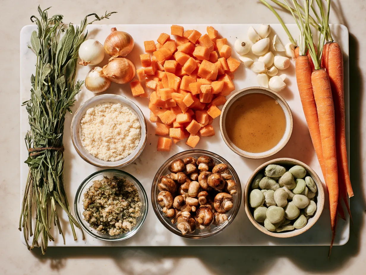 Ingredients for sage stuffing including bread, onions, celery, butter, sage, thyme, and broth