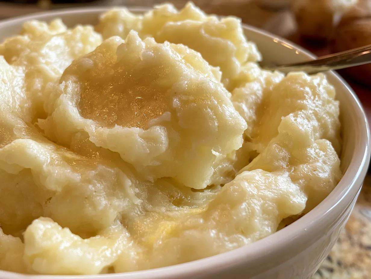 Slow cooker mashed potatoes served in a ceramic bowl garnished with fresh herbs