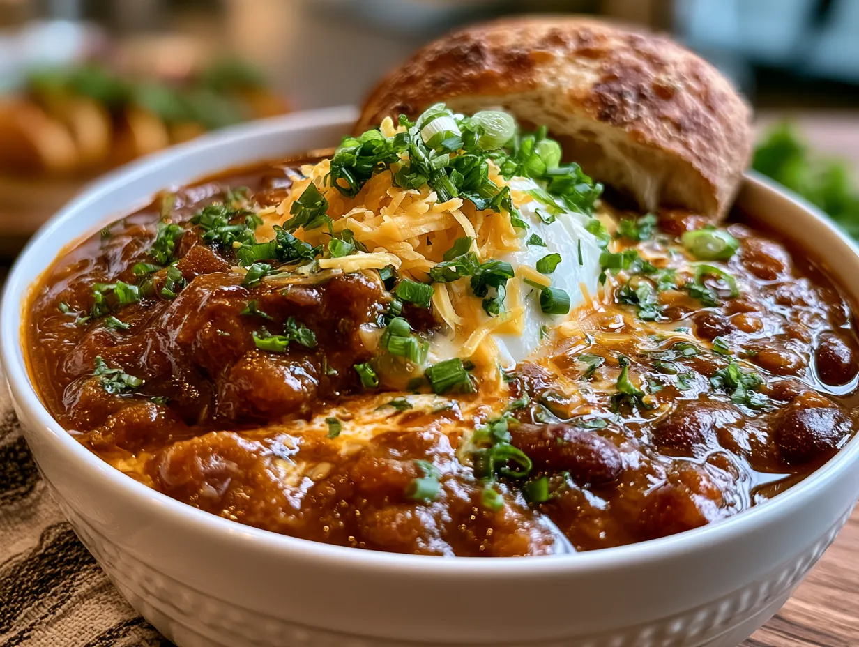 Bowl of Slow Cooker Pumpkin Chili garnished with sour cream and cilantro