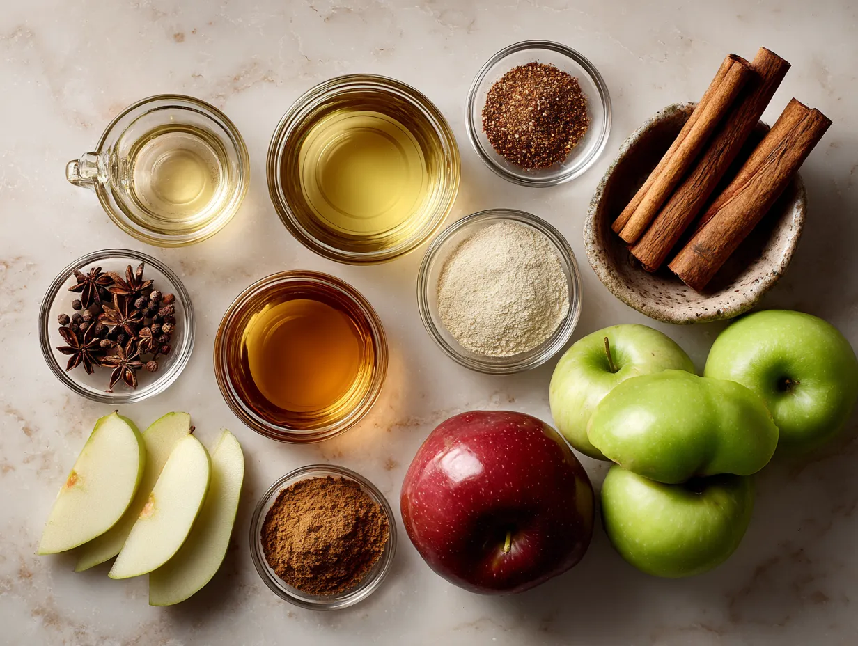 Ingredients for Slow Cooker Spiced Hot Apple Cider including cinnamon sticks, cloves, orange slices, and apple cider