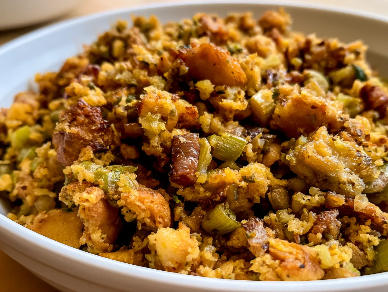 Serving slow cooker stuffing garnished with fresh herbs beside turkey and mashed potatoes