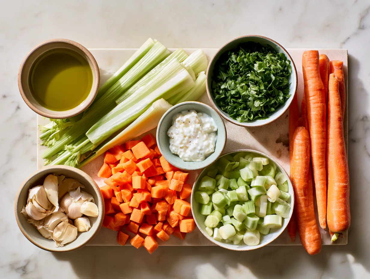 Ingredients for Slow Cooker Stuffing including bread cubes, celery, onion, butter, eggs and seasonings