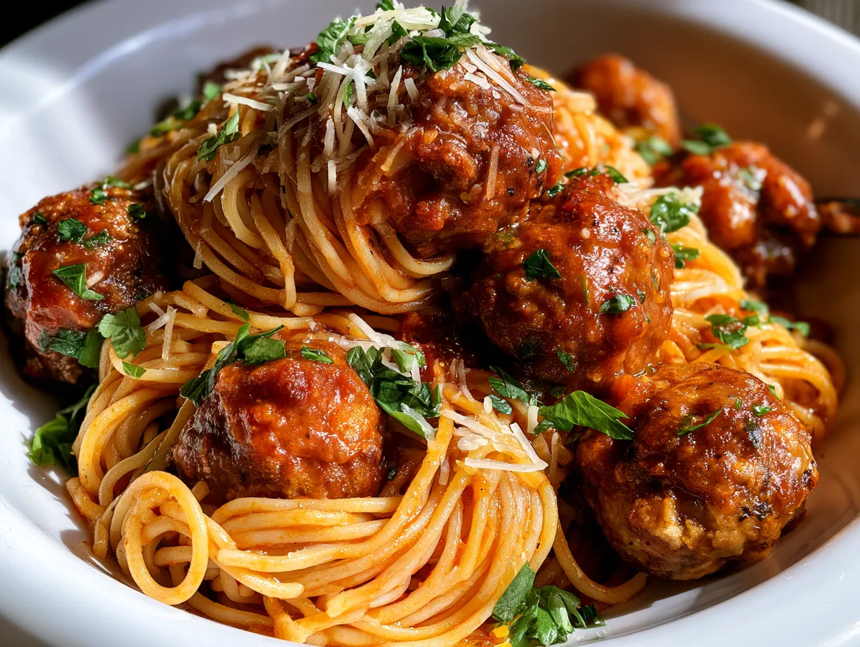 Serving spaghetti and meatballs with tomato sauce and garnish