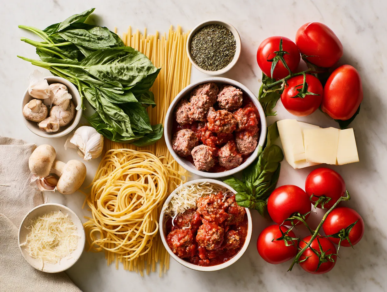 Ingredients for making spaghetti and meatballs