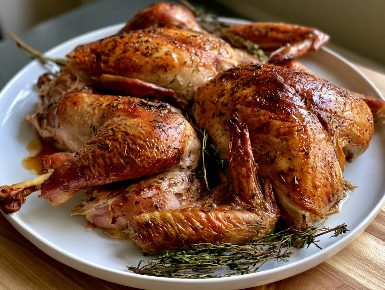 Slice of spatchcock turkey served with traditional sides