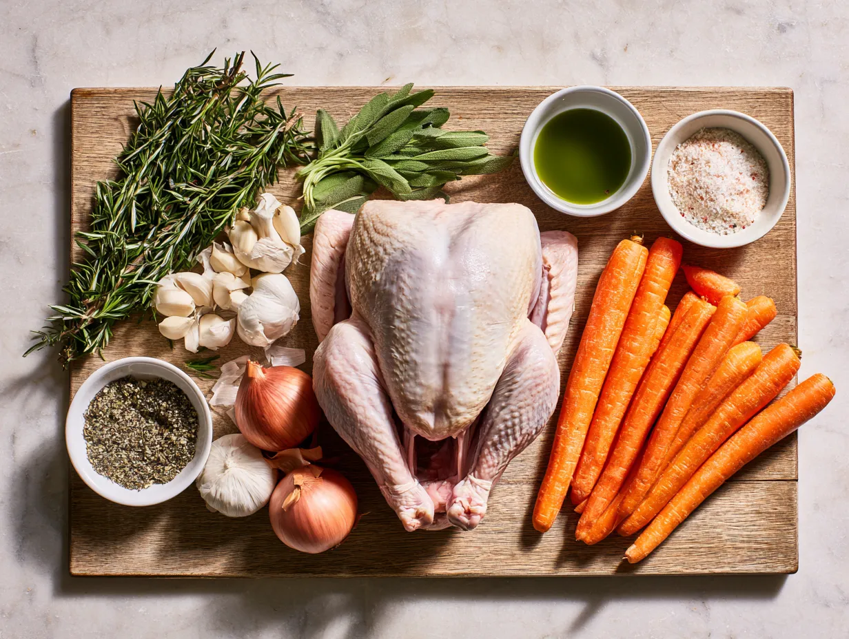 Ingredients for preparing spatchcock turkey including herbs, butter, and lemon