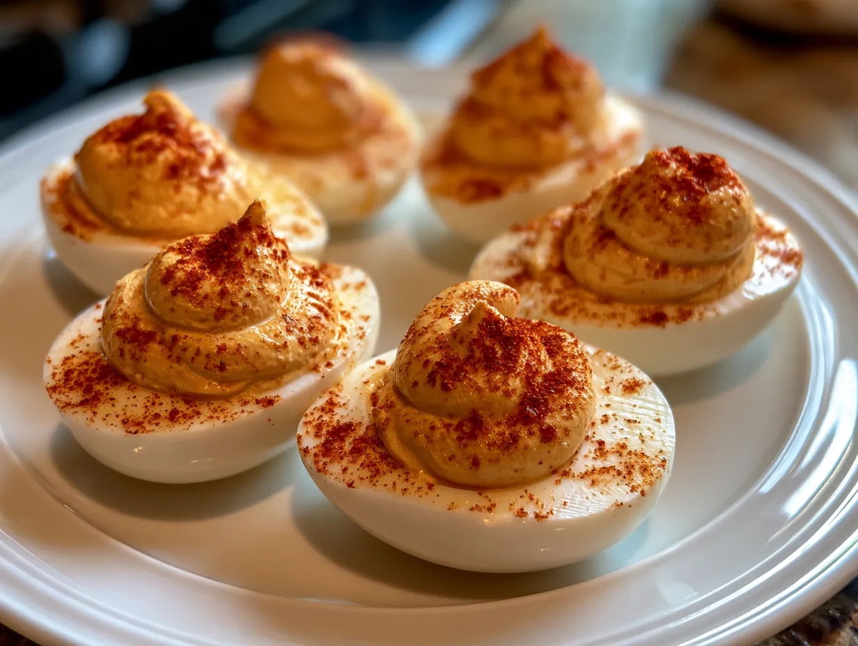Served Spicy Sriracha Deviled Eggs garnished with smoked paprika and chives