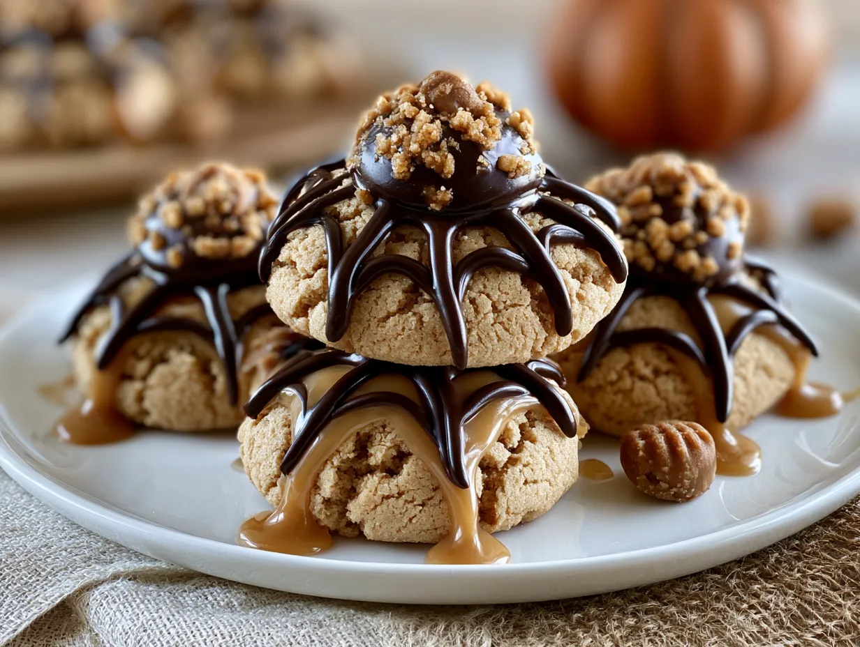 Freshly baked Spider Peanut Butter Blossom Halloween Cookies ready to serve